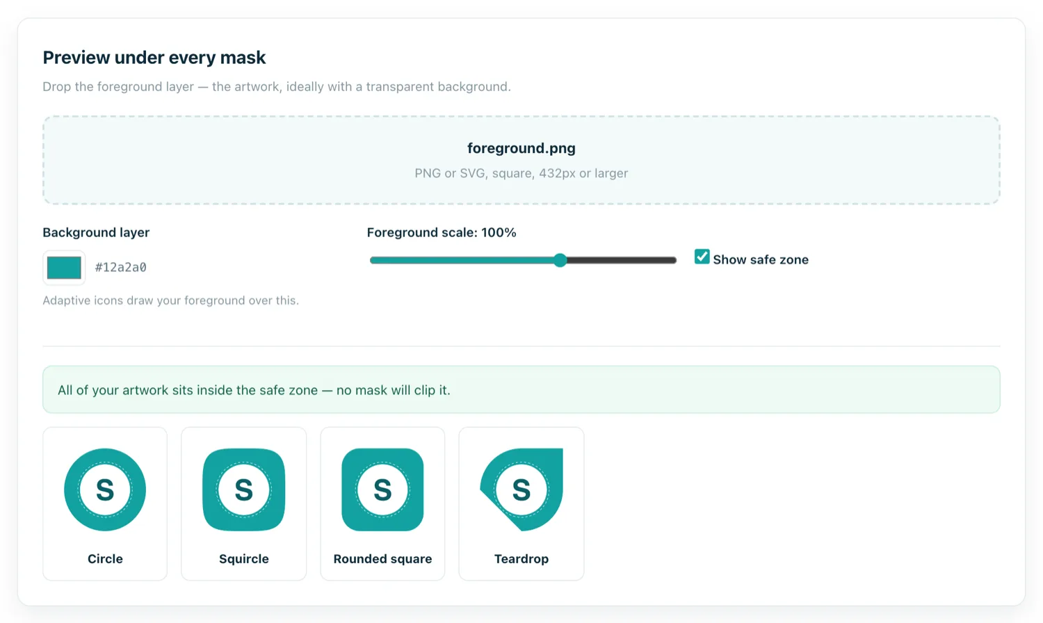 An icon previewed under circle, squircle, rounded square and teardrop launcher masks with the safe zone shown