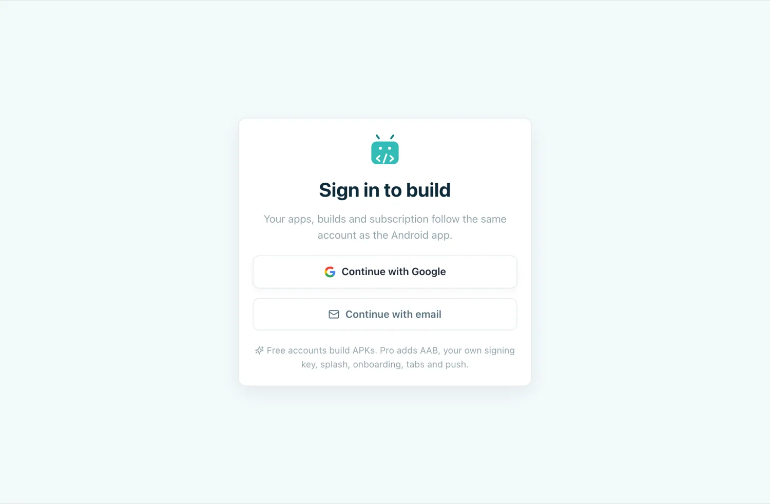 The builder sign-in screen offering Google and email sign-in