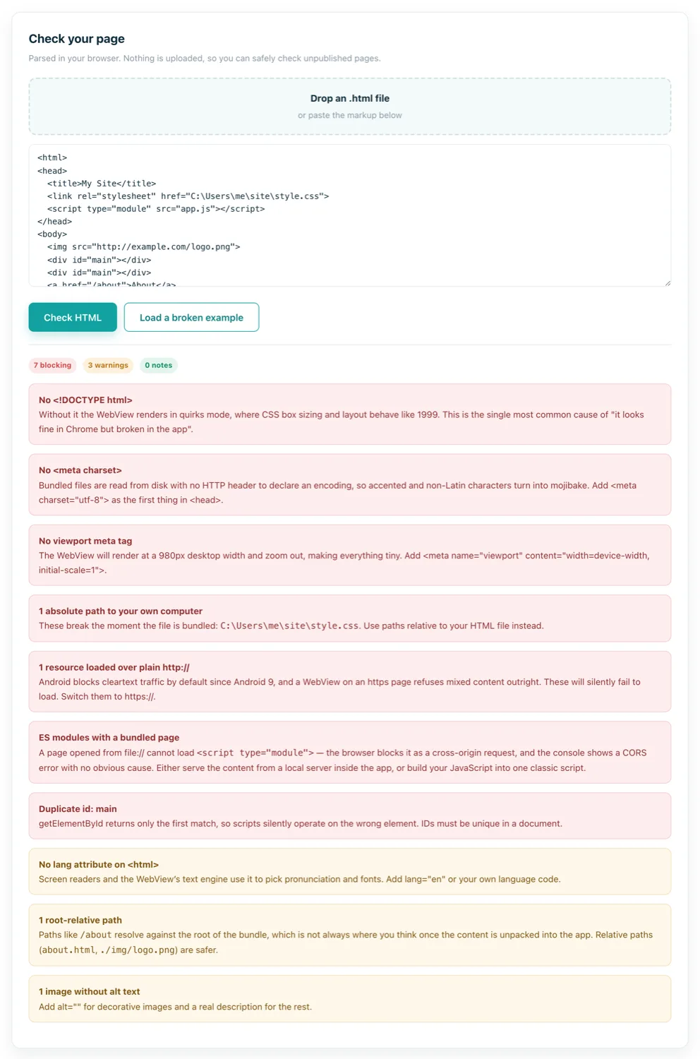 The HTML validator flagging module scripts, absolute paths, mixed content and duplicate IDs
