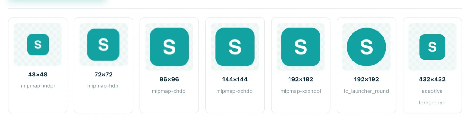 Generated icon set showing launcher sizes plus round and adaptive foreground variants