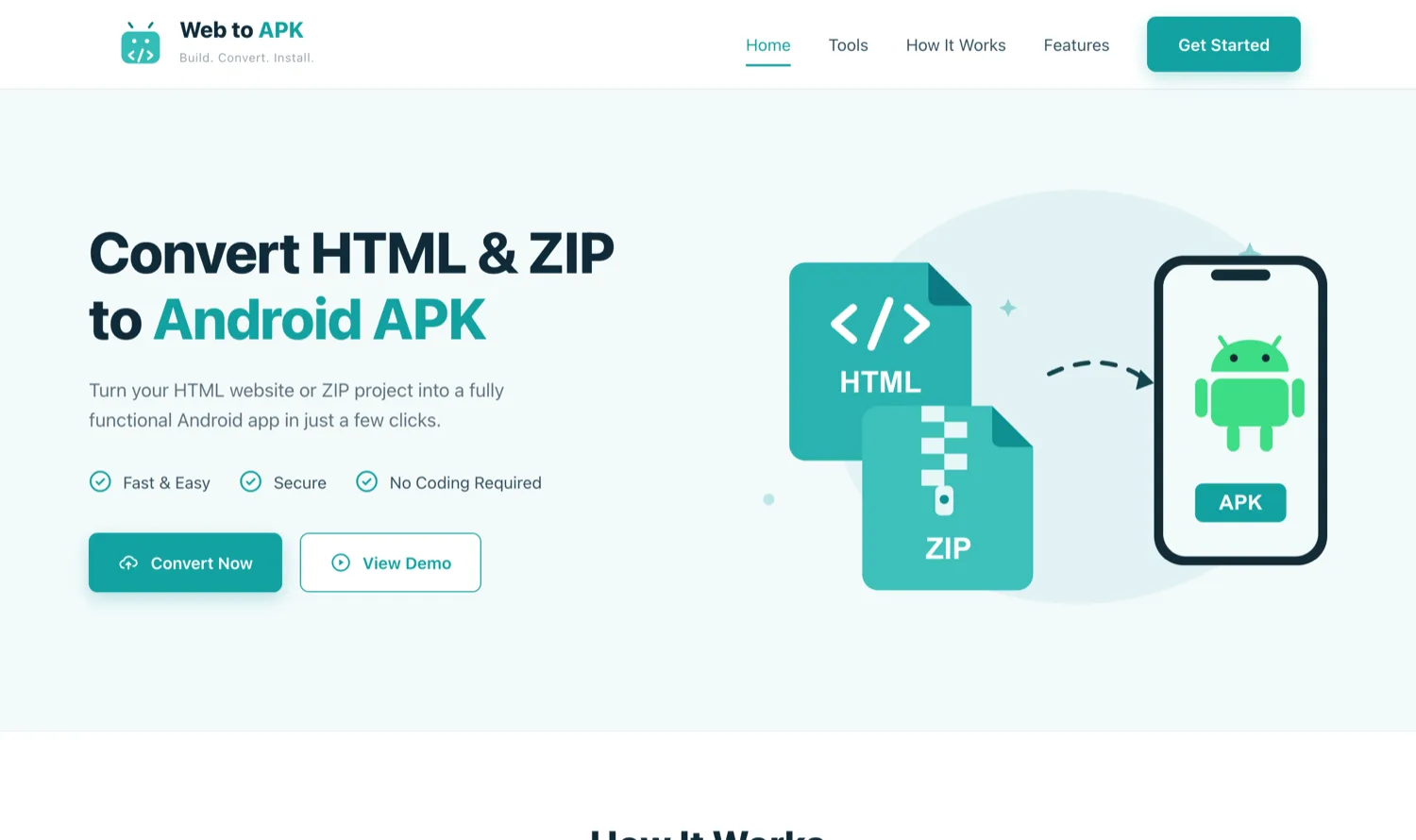 The HTML to APK landing page showing the HTML to APK conversion flow