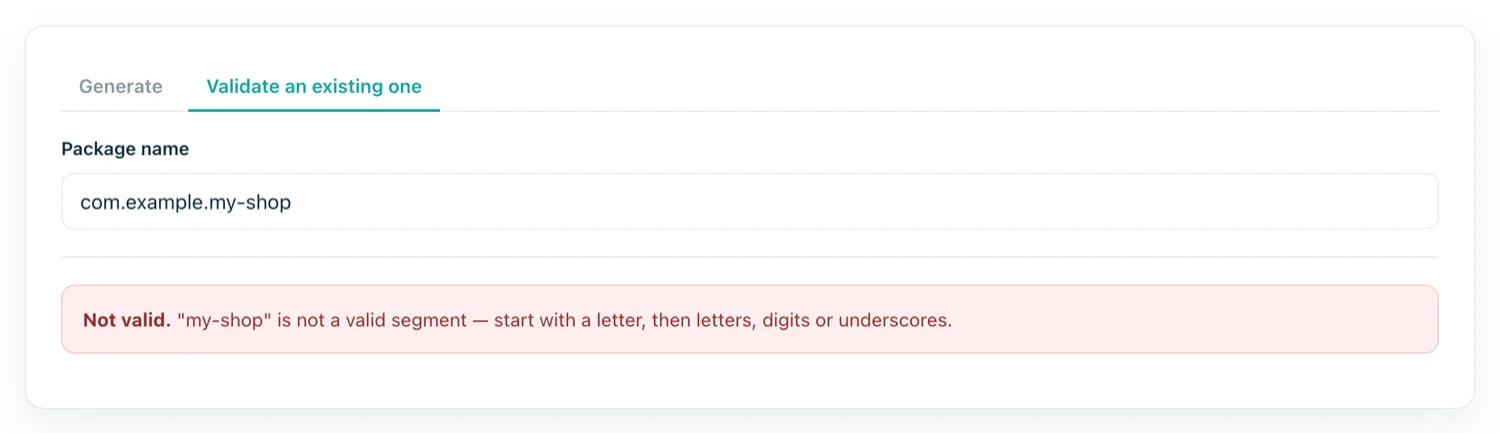 The validator rejecting com.example.my-shop with an explanation of the invalid segment