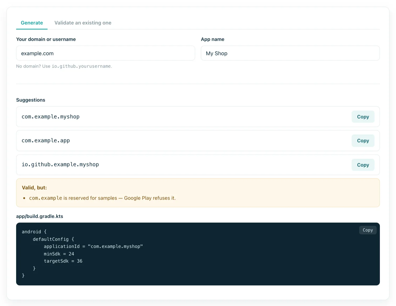 The package name generator producing com.example.myshop from a domain and app name, with a Gradle snippet