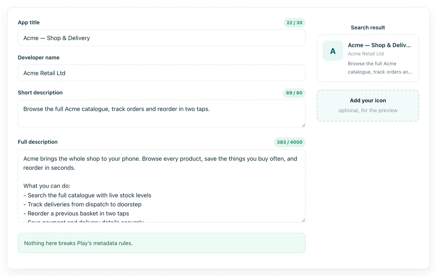 The Play listing preview showing live character counters for title, short description and full description alongside a search-result preview