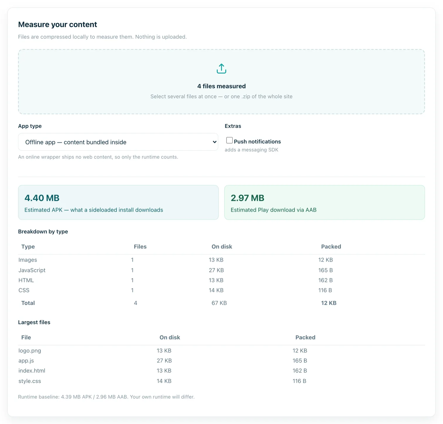 The APK size calculator showing a breakdown by file type and the largest files in a project