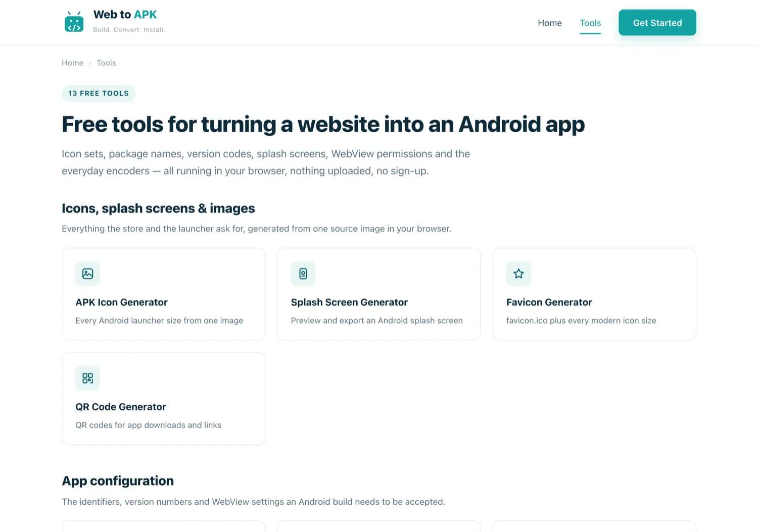 The free tools index listing icon, package name, splash screen, version code and validator tools