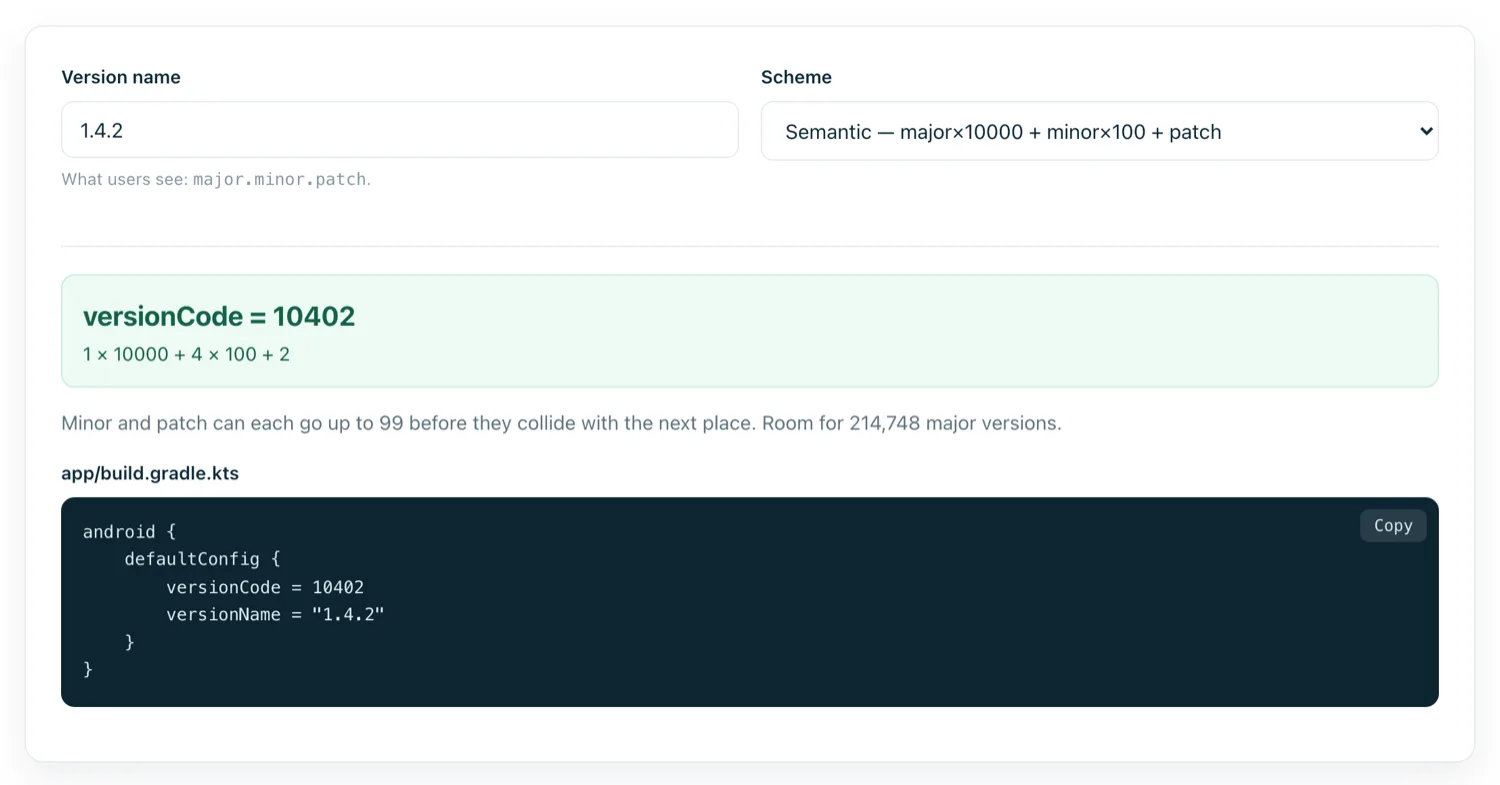 The version code generator converting 1.4.2 into 10402 with the Gradle snippet