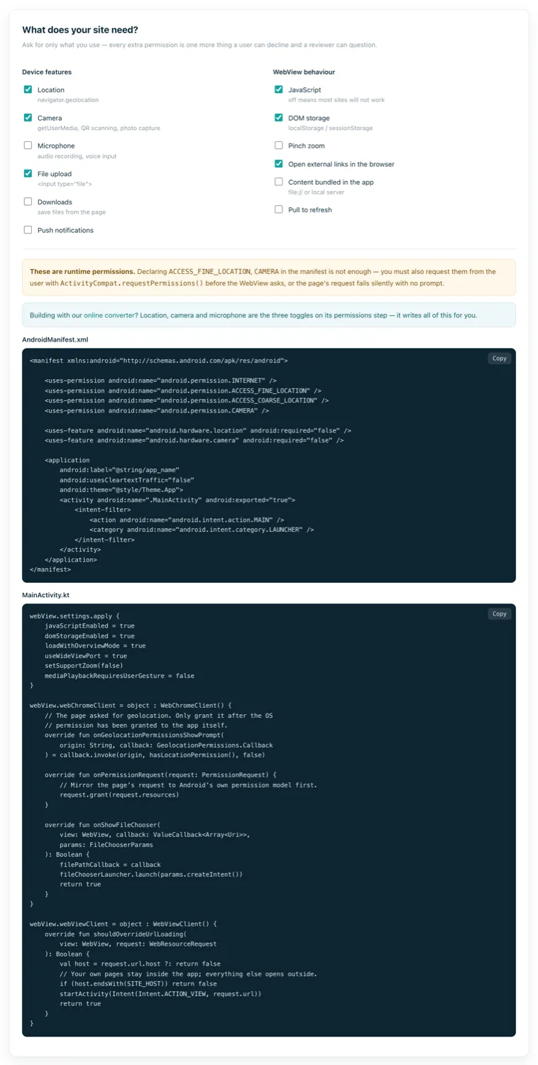 The WebView config generator producing manifest permissions and Kotlin settings for camera, location and file upload